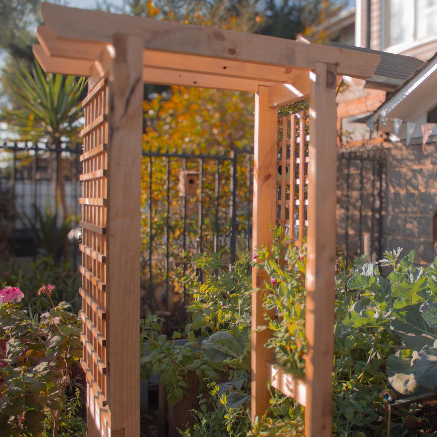 Pérgola de madera con enrejado en un jardín